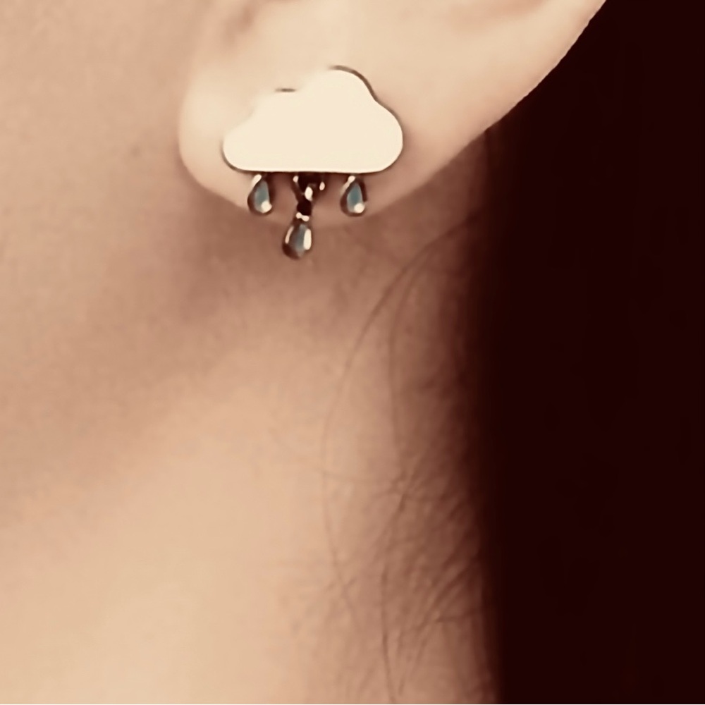 Stormy Skies- Rain Drop Cloud Blue White Enamel Dainty Mini Dangle Gunmetal Stud - Picture 11 of 14